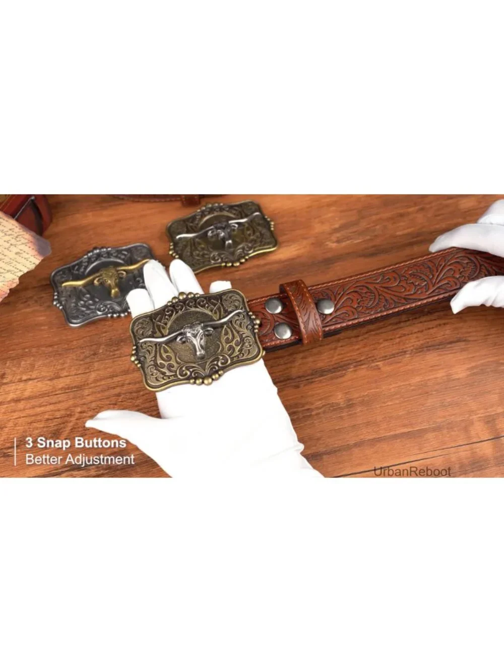 Cowboy Western Leather Belt with Longhorn Buckle